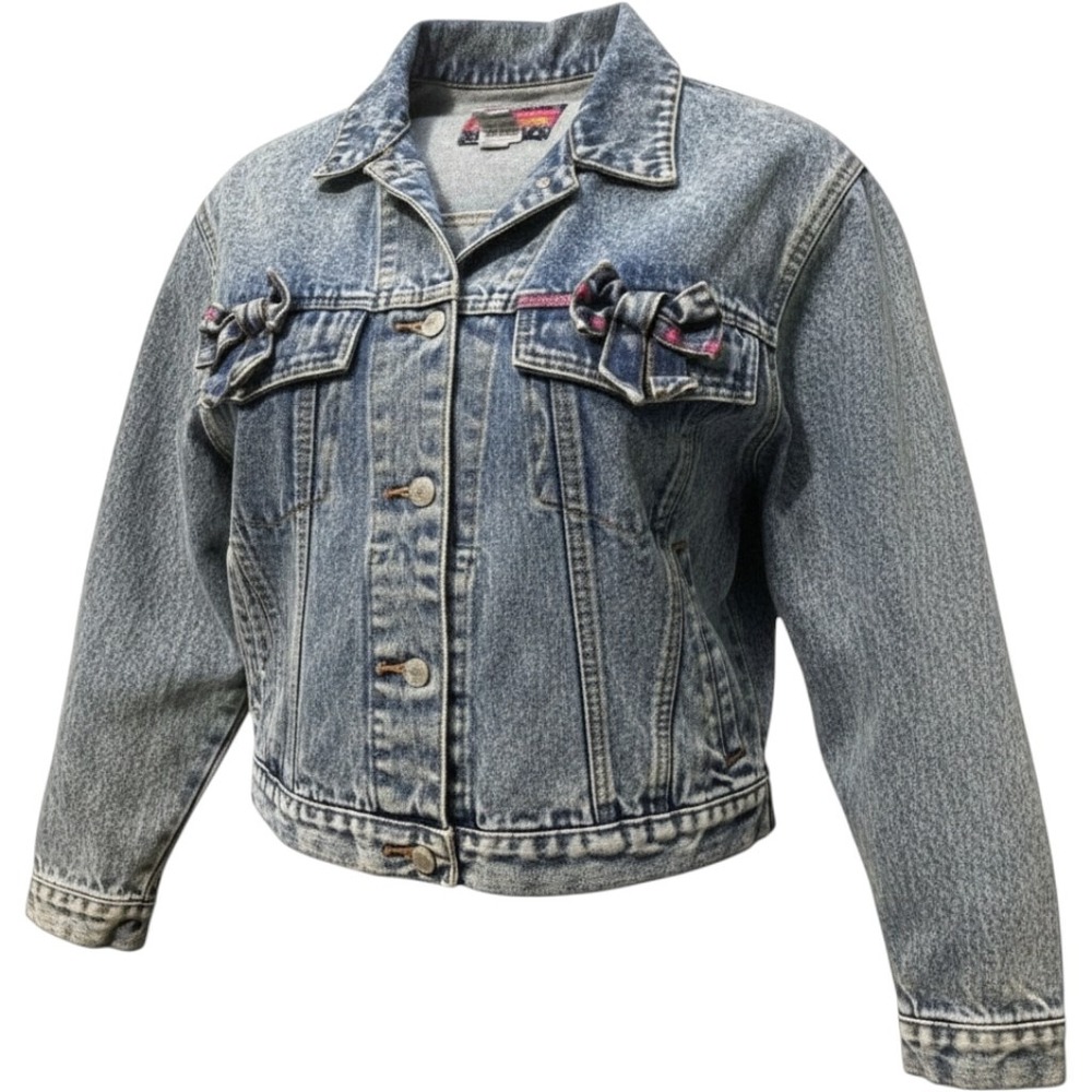 Jordache Denim Jacket Womens M Blue Acid Wash Bows 80s Vintage Hong Kong